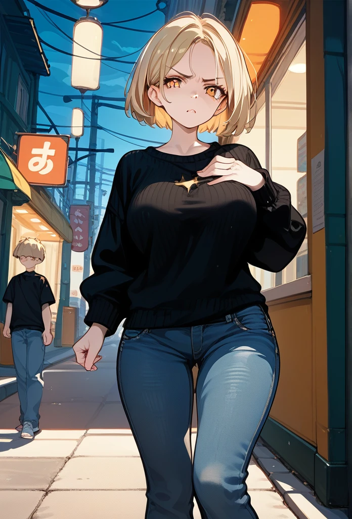 young girl, young face, hot face, golden eyes, short hair, blonde hair, annoyed expression, irritated face, mature body, curvy body, big breasts, black sweater, jeans, sidewalk, (night), puffing up chest