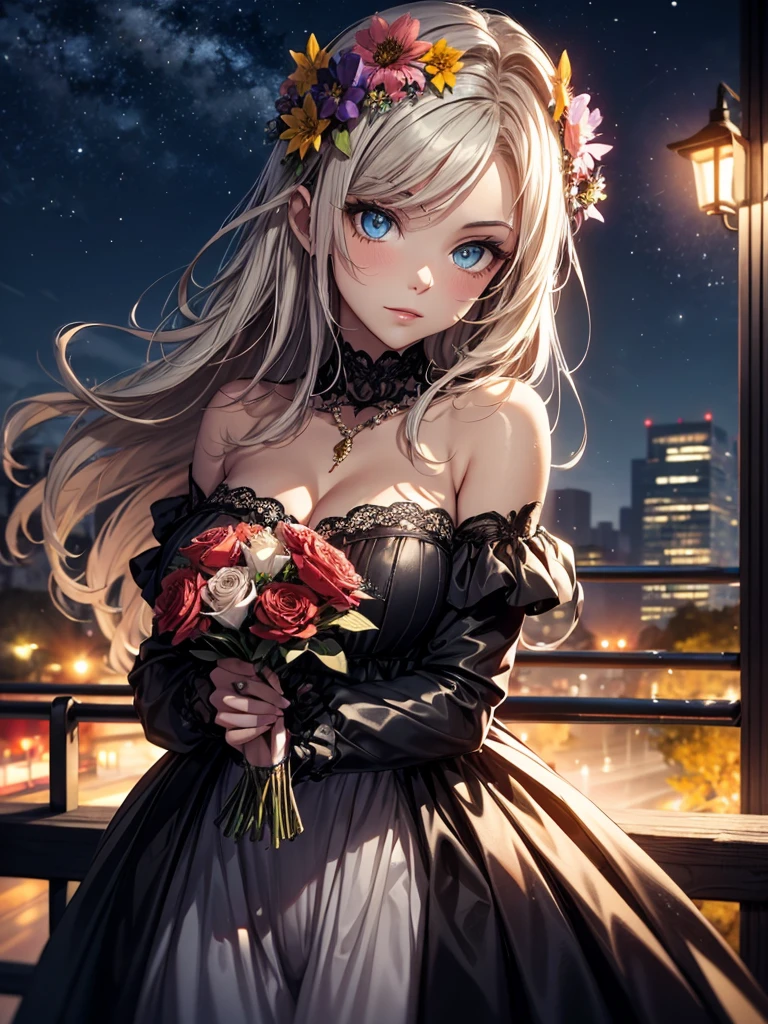 Beautiful woman with flowers in her hair, bright colors, outdoors, night sky, city park, looking at viewer, sultry look, seductive,