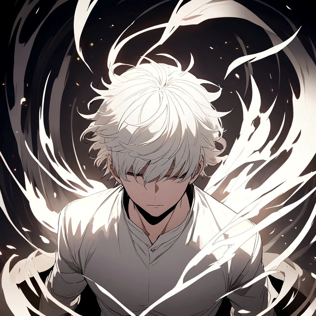 anime man, white hair, blind eyes,white long sleeve shirt