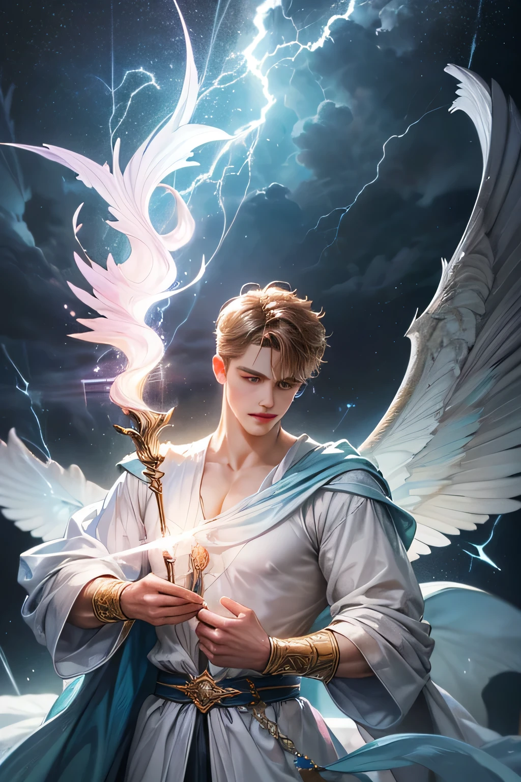 "Create an ultra-realistic image of a strikingly handsome young male fairy with magnificent large wings that evoke the vastness of the sky and the intensity of thunder. He should be holding a magical staff that crackles with the power of the sky and thunder. Dress him in an elegant outfit with shades of yellowish white and light pink, reflecting the colors of dawn and the ethereal sky. Surround him with elements of the sky, such as storm clouds and flashes of lightning, to emphasize his connection to the sky and thunder. Include a distinct sky symbol or design on his body, signifying his role as the keeper of the sky and illustrating the profound sky energy he possesses within him."