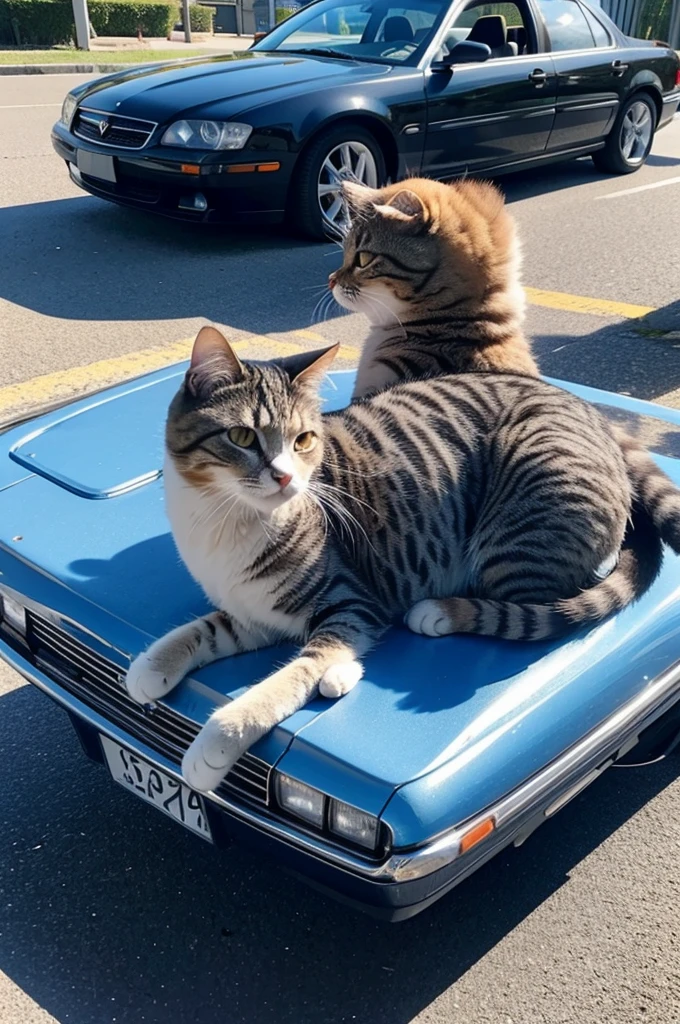Cat lying on the hood of a car in a sunny parking scene with a blue sky