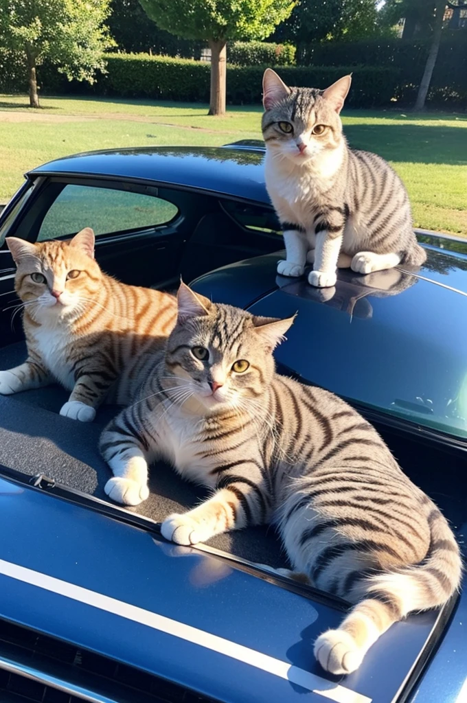 Cat lying on the hood of a car in a sunny parking scene with a blue sky
