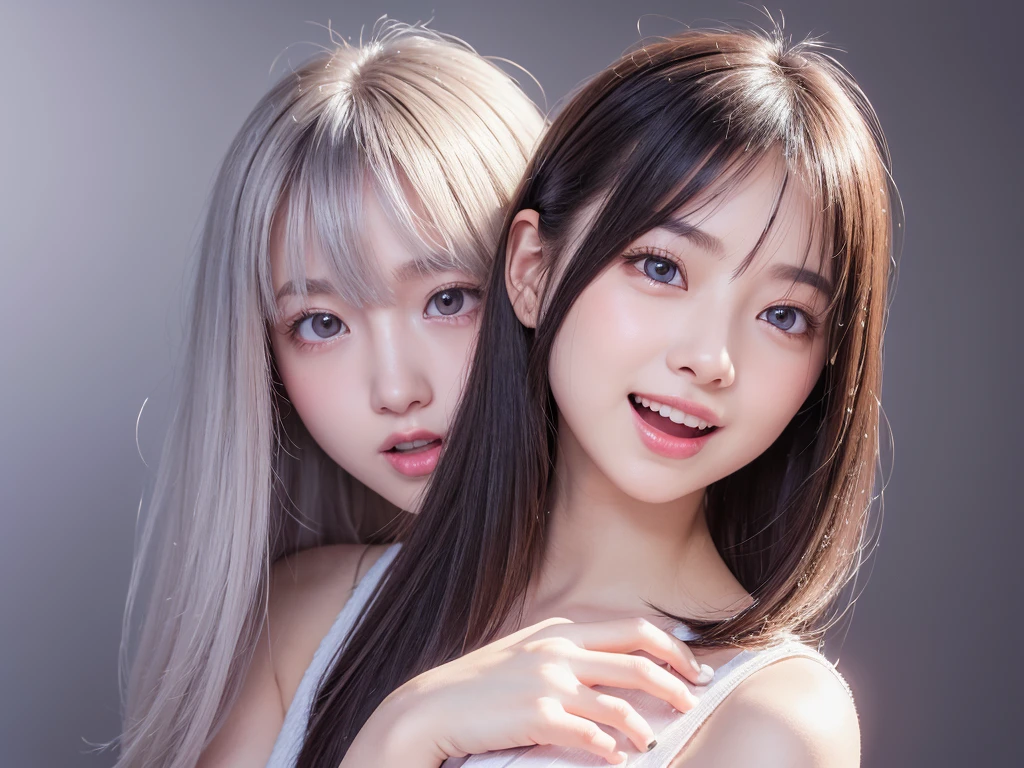 One Girl、Beautiful vintage constagram（Photorealistic、High resolution：1.4）、((Puffy eyes))、Staring at the audience、、Esbian all over（8K、Raw photo、Highest quality、masterpiece：1.2）、（Realistic、Photorealistic） :1.37)、(Sharp focus:1.2)、Professional Writing、Photon Mapping、Radio City、Physically Based Rendering、(White skin:1.2)、Viewer Perspective、(Mid-length hair:1.5)、Portrait、Purple eyes、(Silver Hair:1.1)、Bans、(Simple Background:1.4)、solo、Upper body、Realistic、(masterpiece:1.4)、(Highest quality:1.4)、(Glowing Skin)、Stylish girl、compensate、Laughter(skinny、Close your mouth、Shy:1.3)、huge 、Sexy pose、Realistic pores