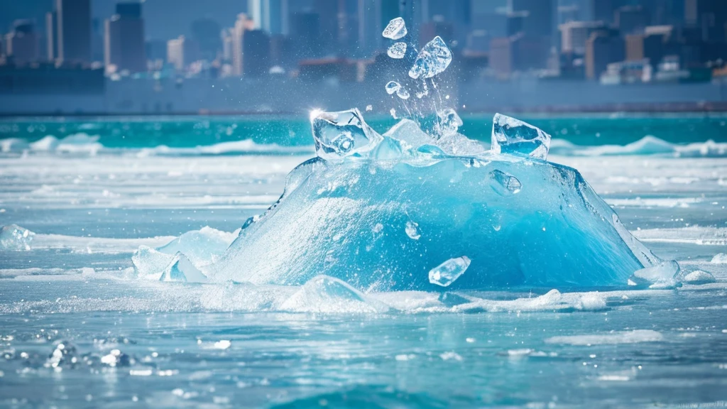 Refreshing feeling, cool, water, gushing, giant floating ice