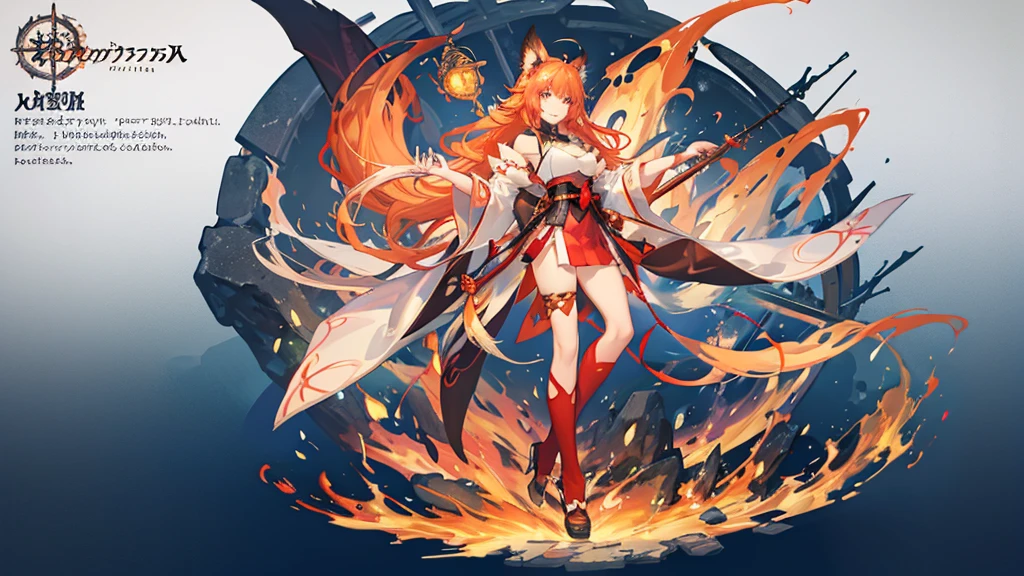 "1 person, Goddess, girl with orange hair and fox ear, red eyes, wearing red white orange kimono, Complex and gorgeous anime CGI style, , full-body fantasy of fire magic, Anime girl, guweiz style artwork, big breasts, smiling, tights, standing cross-legged, fox with her , ethereal fantasy, victorian era, fire elements, splash art, side view,solo (full HD 4K+ image)"