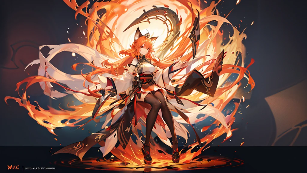 "1 person, Goddess, girl with orange hair and fox ear, red eyes, wearing red white orange kimono, Complex and gorgeous anime CGI style, , full-body fantasy of fire magic, Anime girl, guweiz style artwork, big breasts, smiling, tights, standing cross-legged, fox with her , ethereal fantasy, victorian era, fire elements, splash art, side view,solo (full HD 4K+ image)"