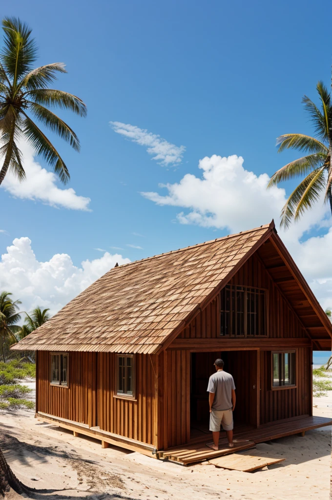 A lonely man is building a wooden house on a deserted island