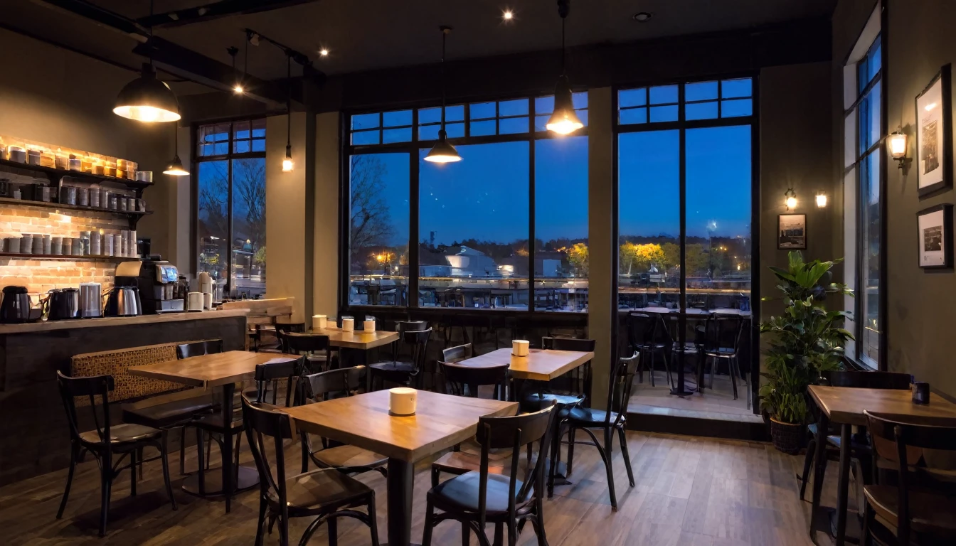 At night, local coffee shop interior, tables and coffee cups and a big window in the center