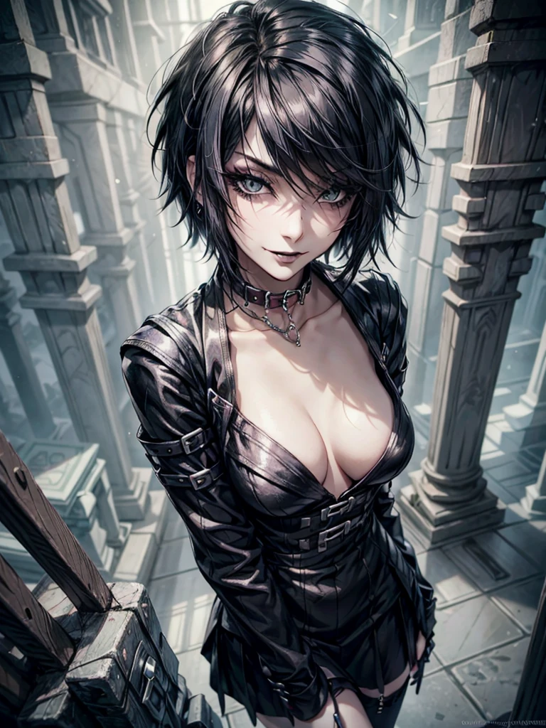 1girl, woman, emo_hairstyle, black lipstick, dog collar, eyeliner, eye shadow, smoky eyes, realistic lighting, short hair, smug, punk, smirk, fantasy clothes, skirt, tight fantasy dress, high danrasy. anime sultry look, seductive,
