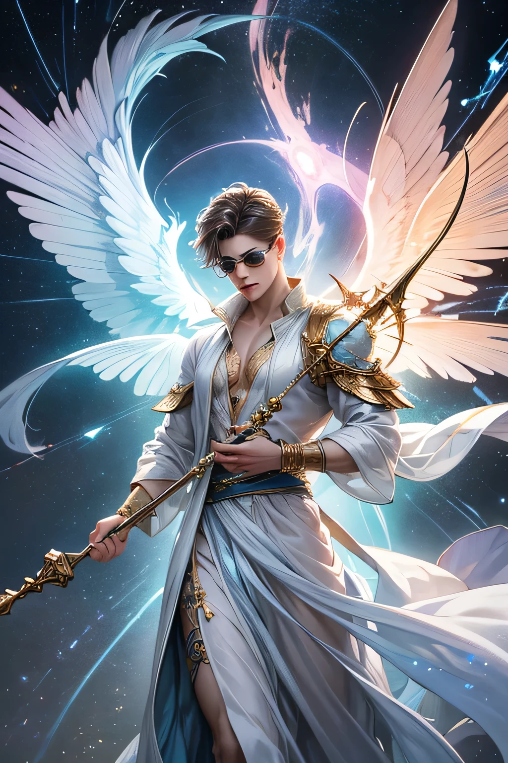 "Create an ultra-realistic image of a strikingly handsome young male fairy with magnificent large wings that evoke the vastness of the sky and the intensity of thunder. He should be holding a magical staff that crackles with the power of the sky and thunder. Dress him in an elegant outfit with shades of yellowish white and light pink, reflecting the colors of dawn and the ethereal sky. Surround him with elements of the sky, such as storm clouds and flashes of lightning, to emphasize his connection to the sky and thunder. Include a distinct sky symbol or design on his body, signifying his role as the keeper of the sky and illustrating the profound sky energy he possesses within him."