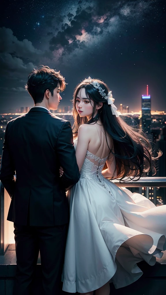 A couple stands against the backdrop of the night sky, creating a beautifully romantic scene with the cityscape in the background, adding an air of mystery to the romantic scene atop the building against the night sky and city lights, (Raw photo, highest quality), (8K, highest quality, masterpiece: 1.2), Super detailed, super resolution