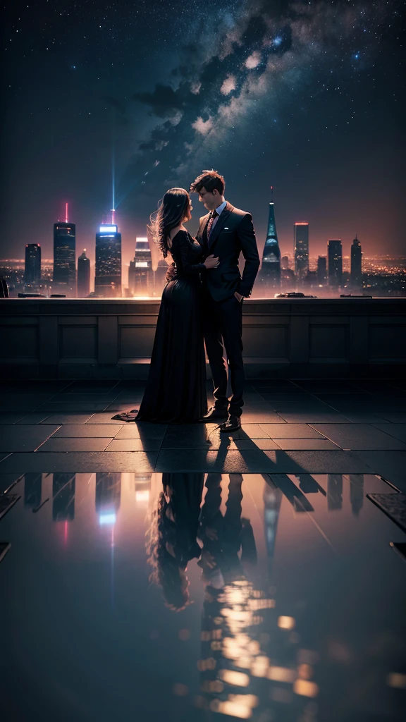 A couple stands against the backdrop of the night sky, creating a beautifully romantic scene with the cityscape in the background, adding an air of mystery to the romantic scene atop the building against the night sky and city lights, (Raw photo, highest quality), (8K, highest quality, masterpiece: 1.2), Super detailed, super resolution
