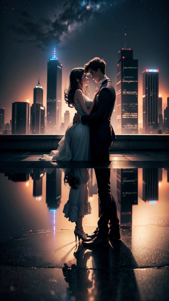 A couple stands against the backdrop of the night sky, creating a beautifully romantic scene with the cityscape in the background, adding an air of mystery to the romantic scene atop the building against the night sky and city lights, (Raw photo, highest quality), (8K, highest quality, masterpiece: 1.2), Super detailed, super resolution