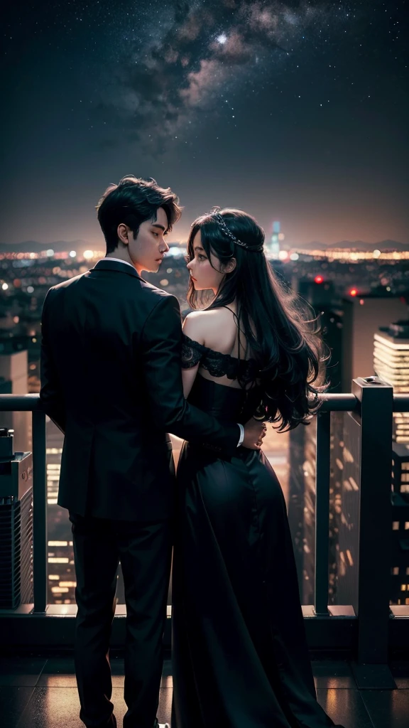 A couple stands against the backdrop of the night sky, creating a beautifully romantic scene with the cityscape in the background, adding an air of mystery to the romantic scene atop the building against the night sky and city lights, (Raw photo, highest quality), (8K, highest quality, masterpiece: 1.2), Super detailed, super resolution