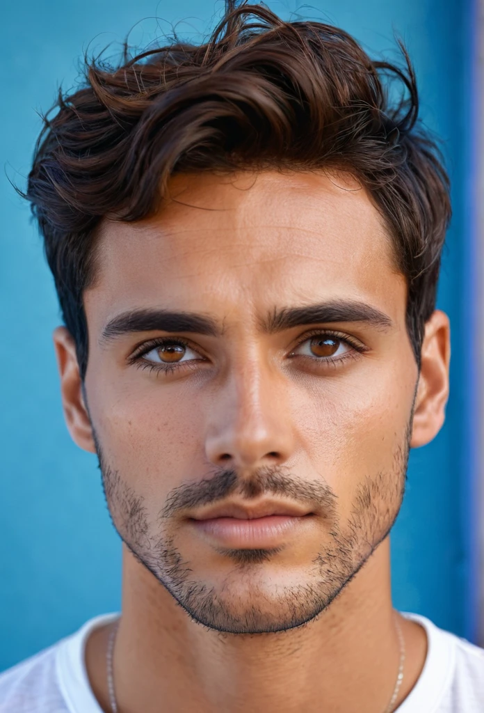 perfect italian man, short hairstyles , brown eyes, focus on character's face, blue wall background