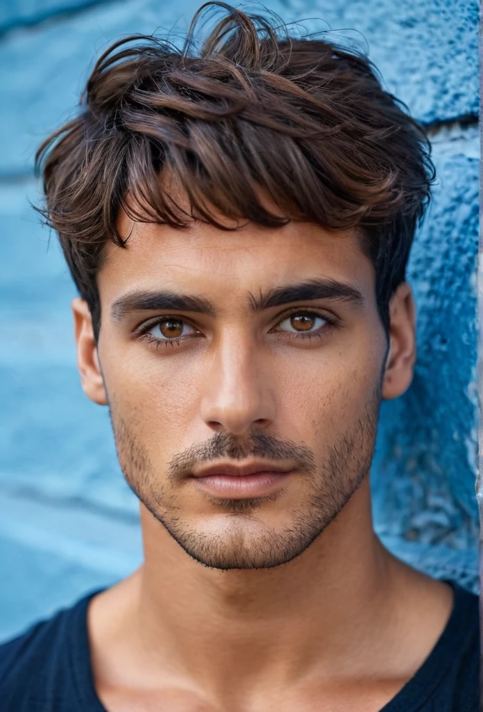 perfect italian man, short hairstyles , brown eyes, focus on character's face, blue wall background