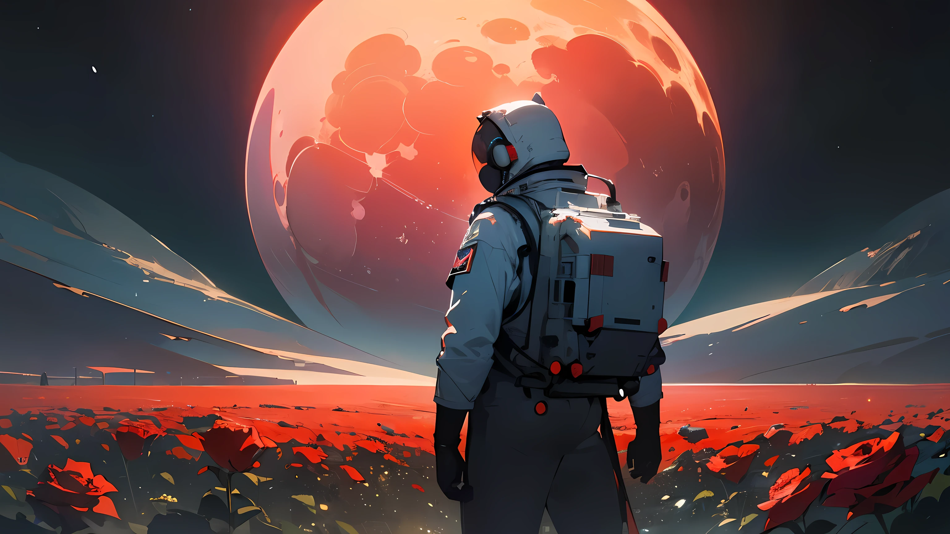 (masterpiece, best quality, cinematic composition, anime scene, depth of field, astronaut guy seen from back, subject looking earth, moon landscape, science fiction, red roses field, full scene, highly detailed, intricate details, vibrant colors, dramatic lighting, cinematic atmosphere, epic scale, seamless integration, outstanding visual quality)