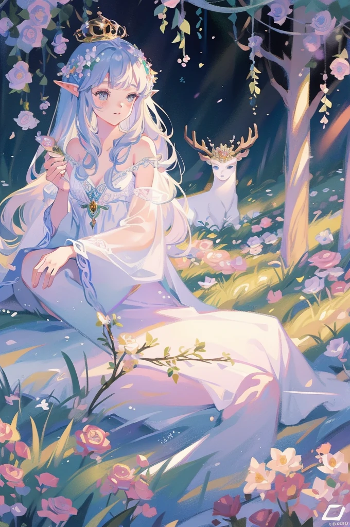 high high quality,masterpiece,Delicate facial features,Delicate hair,Delicate eyes,Delicate hair,animemanga girl,deer antlers,Black color hair,florals, Dreamy style, Fantastic flower garden,fantasy style clothing,Romantic dress, beautiful and elegant elf queen, a beautiful fantasy empress, Fantasy art style, ((a beautiful fantasy empress)), Anime fantasy illustration, high priestess, fey queen of the summer forest, anime art nouveau, goddess of the forest, portrait of an elf queen, A beautiful artwork illustration,8K high quality detailed art(Delicate facial portrayal)(Fine hair depiction)(highest quality)(Master masterpieces)(High degree of completion)(a sense of atmosphere)8k wallpaper,tmasterpiece,Best quality at best,ultra - detailed
