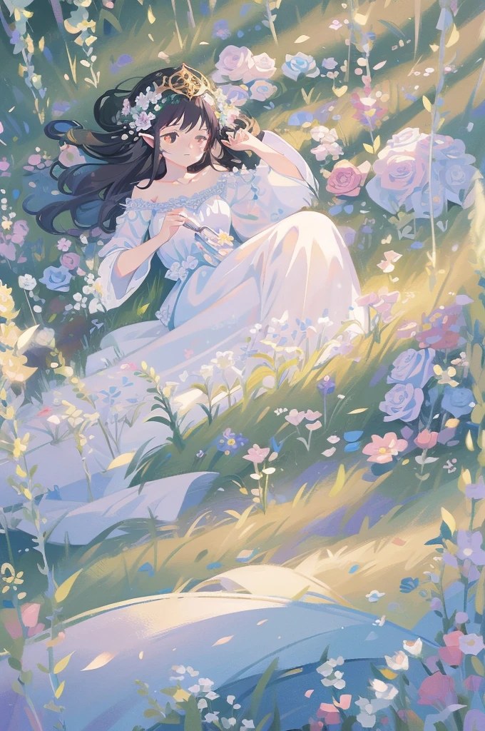 high high quality,masterpiece,Delicate facial features,Delicate hair,Delicate eyes,Delicate hair,animemanga girl,deer antlers,Black color hair,florals, Dreamy style, Fantastic flower garden,fantasy style clothing,Romantic dress, beautiful and elegant elf queen, a beautiful fantasy empress, Fantasy art style, ((a beautiful fantasy empress)), Anime fantasy illustration, high priestess, fey queen of the summer forest, anime art nouveau, goddess of the forest, portrait of an elf queen, A beautiful artwork illustration,8K high quality detailed art(Delicate facial portrayal)(Fine hair depiction)(highest quality)(Master masterpieces)(High degree of completion)(a sense of atmosphere)8k wallpaper,tmasterpiece,Best quality at best,ultra - detailed
