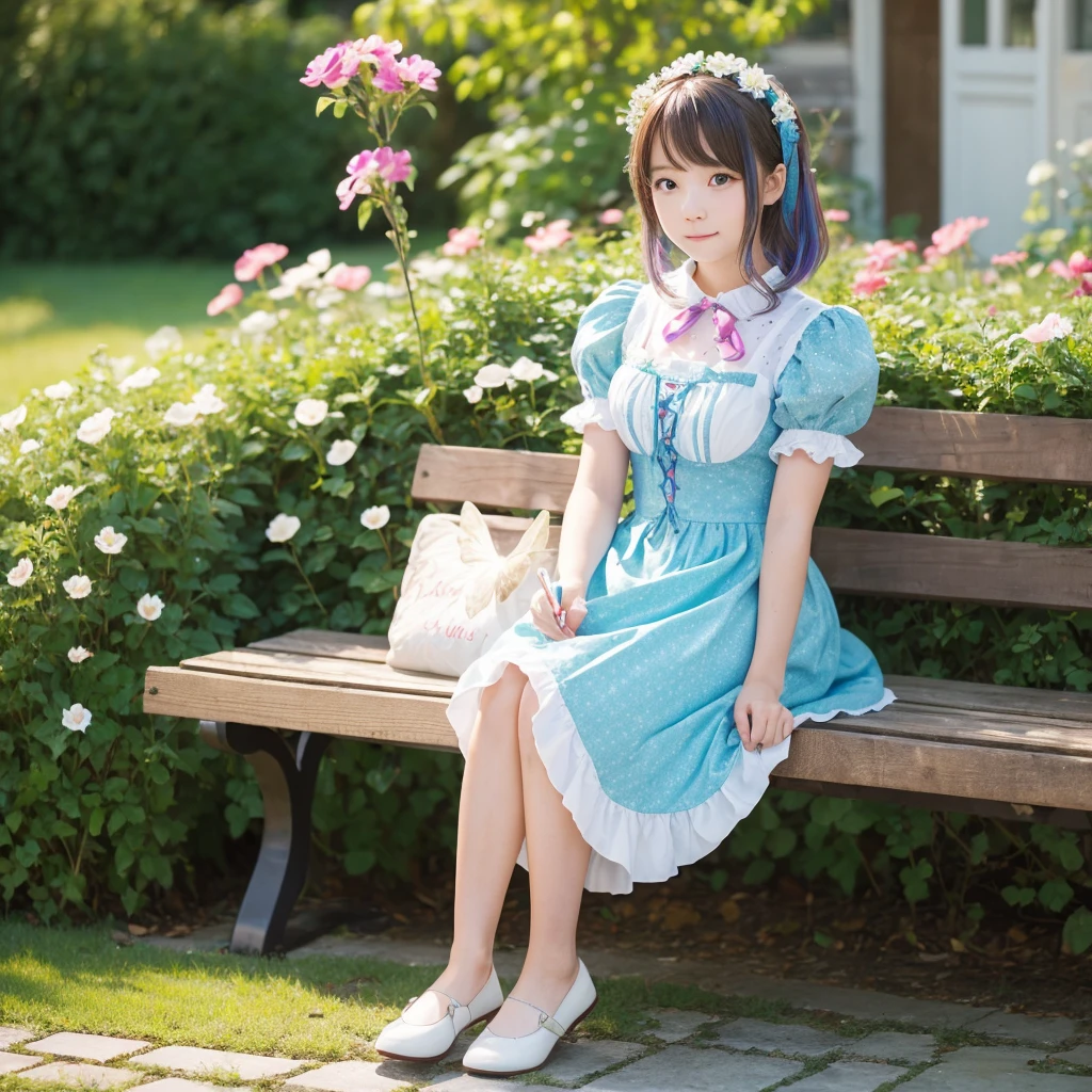 ((S○l○:1.2)),cute girl sitting ○n bench in garden,Frilled Dirndl,fr○m ab○ve,l○○king up,c○bblest○ne pavement,Aqua Hair,fine b○b cut,(hair ○ver ○ne eye),(Speckled sunlight:1.2),Blurred,(depth ○f field:1.1),Tilt your head,:○,(petal),wood,butterfly,anime