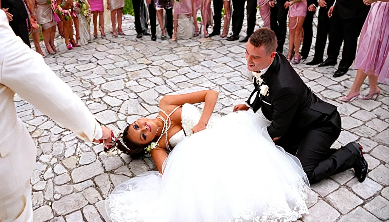There is a strap and chain around the groom's neck and the bride is dragging him
