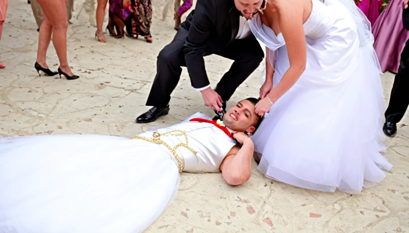 There is a strap and chain around the groom's neck and the bride is dragging him