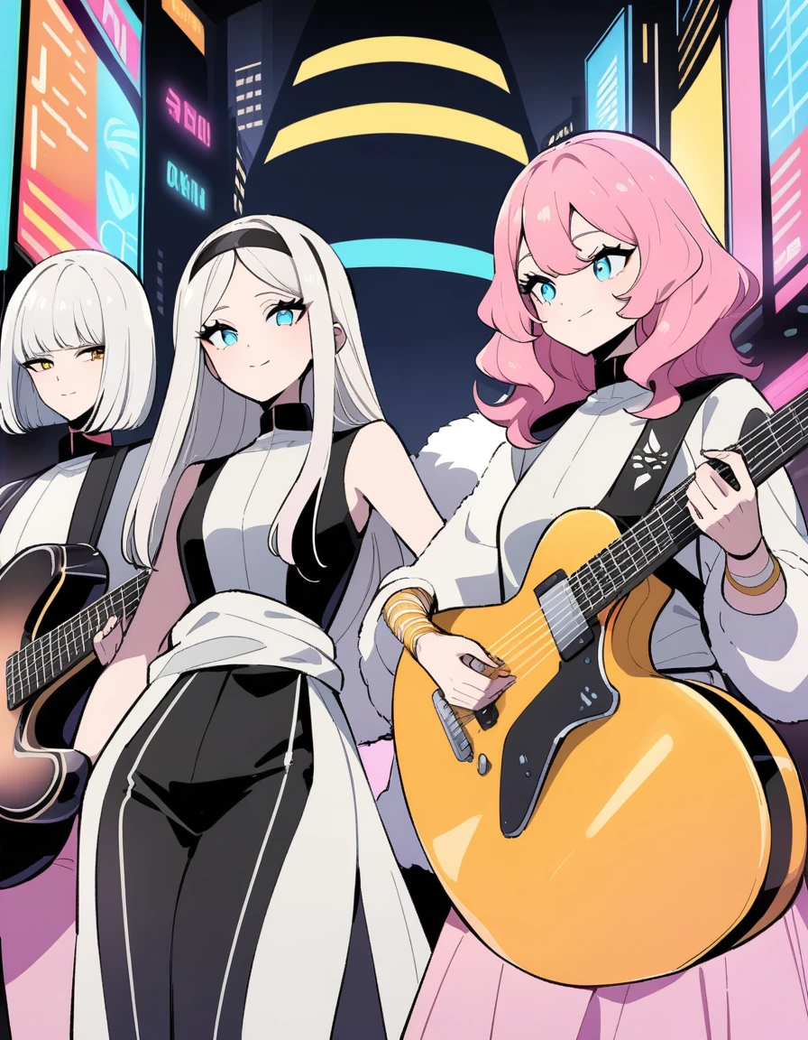 masterpiece, City Pop Style, Three-person band group, Tao has pink hair, a fluffy bob cut, and is playing a guitar., Jane has long white hair down to her waist and is the vocalist., Sayaka has shoulder-length black hair and is a drummer., Futuristic, Retro, Vintage, A light smile