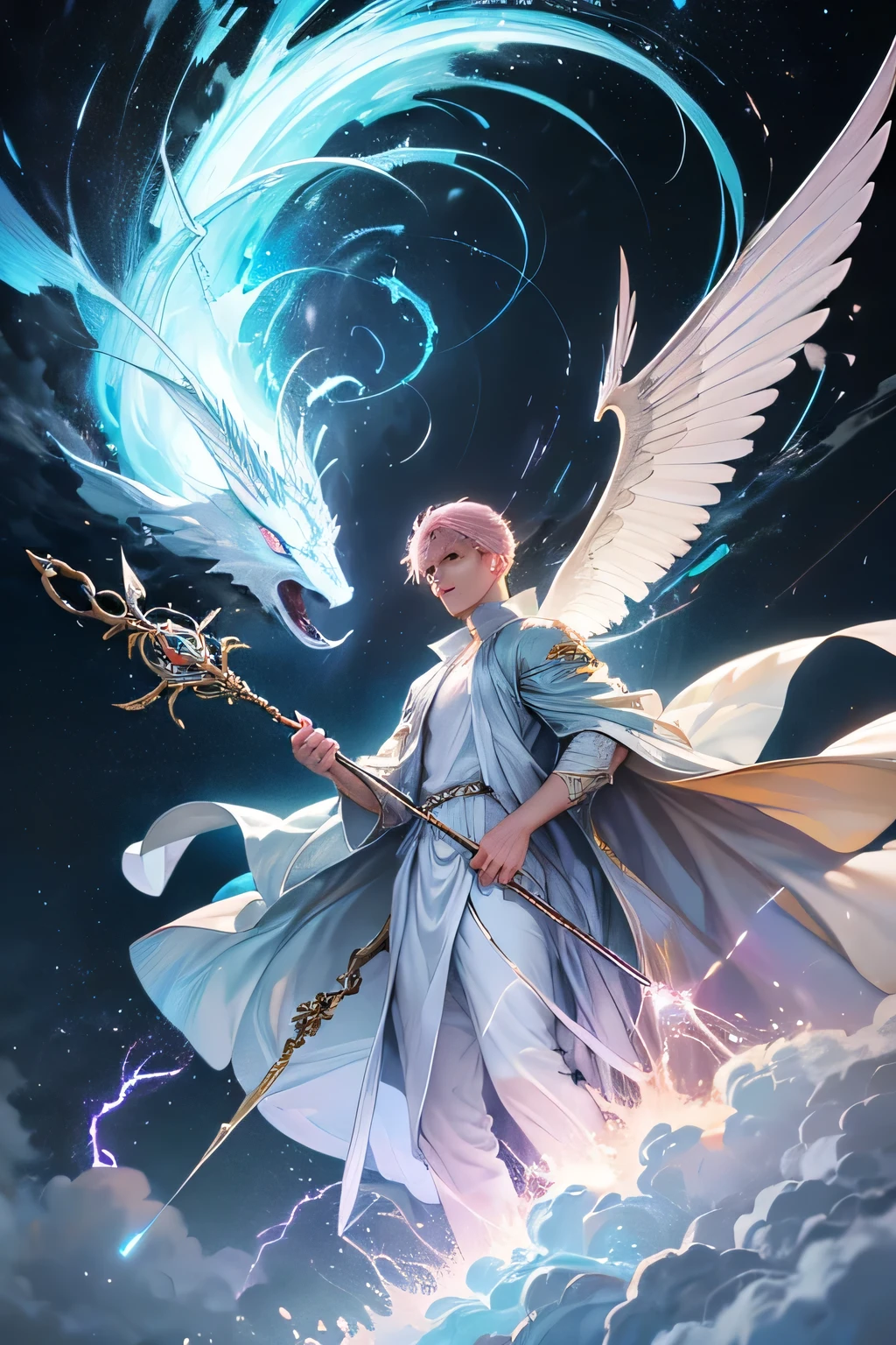 "Create an ultra-realistic image of a strikingly handsome young male fairy with magnificent large wings that evoke the vastness of the sky and the intensity of thunder. He should be holding a magical staff that crackles with the power of the sky and thunder. Dress him in an elegant outfit with shades of yellowish white and light pink, reflecting the colors of dawn and the ethereal sky. Surround him with elements of the sky, such as storm clouds and flashes of lightning, to emphasize his connection to the sky and thunder. Include a distinct sky symbol or design on his body, signifying his role as the keeper of the sky and illustrating the profound sky energy he possesses within him."
