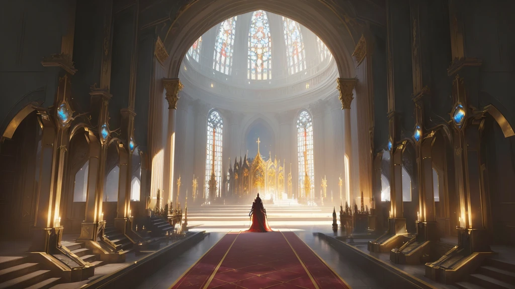 There is a big room，Rolling out the red carpet，There is a big window, decadent The Golden Throne Room, library of ruina Concept Art, Gothic Epic Library Concept, exquisitely designed The Golden Throne Room, The Golden Throne Room, cyberpunk cathedral, Gorgeous border + Concept Art, 8 k high detail Concept Art, award winning Concept Artist, Infinite Celestial Library, Concept Arts, Futuristic Palace, Entering the Etheric Realm