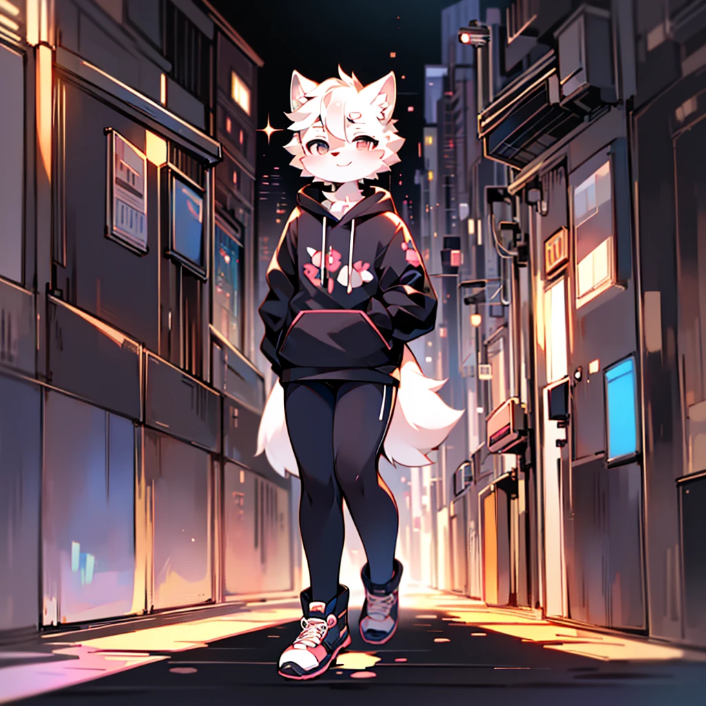 kawaii style, furry, Alone, male, White fox, beautiful, adorable, Of opaque colors, happy, anime influence, femboy body type, standing on the street, Casual clothes, black sweatshirt, black tights with white tennis shoes