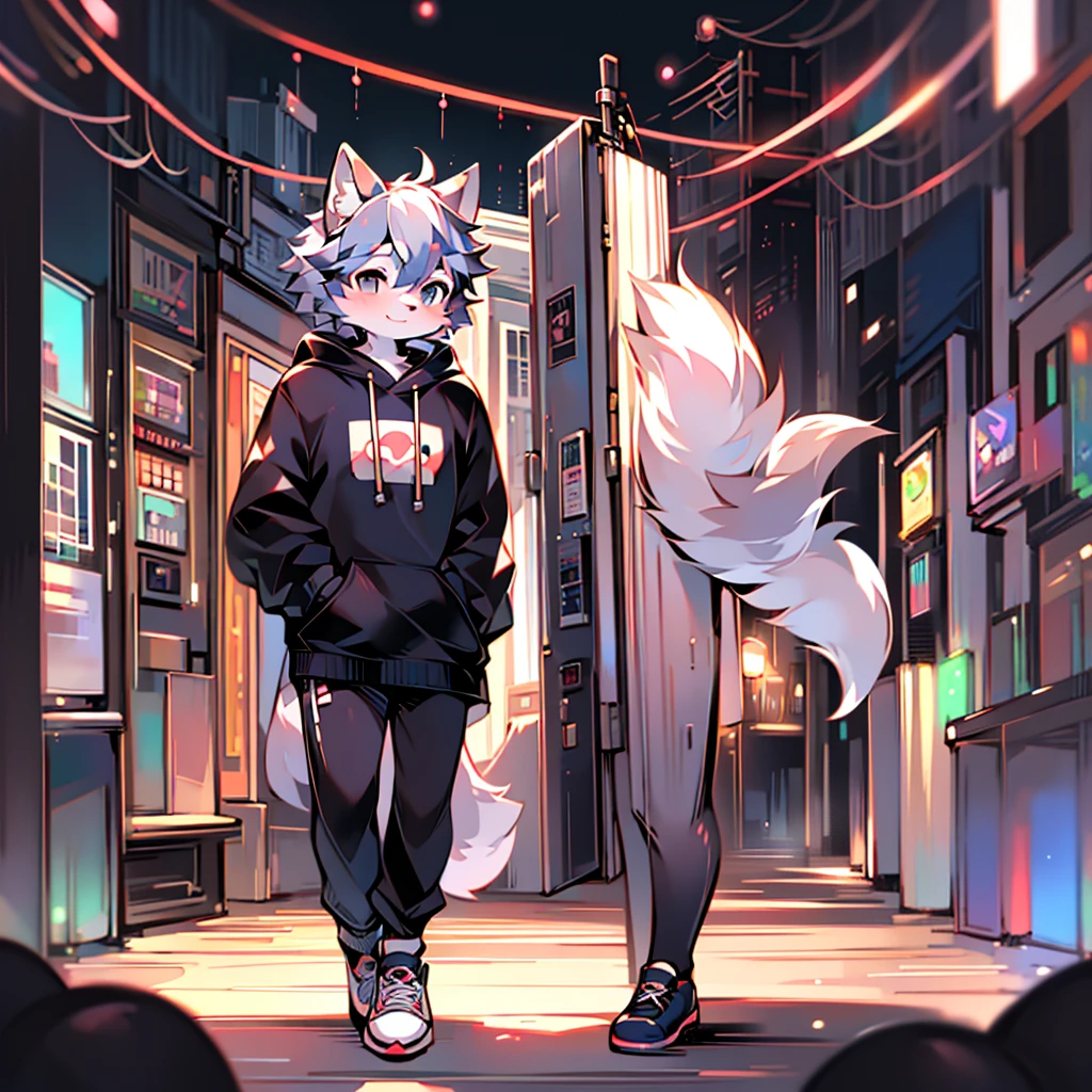 kawaii style, furry, Alone, male, White fox, beautiful, adorable, Of opaque colors, happy, anime influence, femboy body type, standing on the street, Casual clothes, black sweatshirt, black tights with white tennis shoes