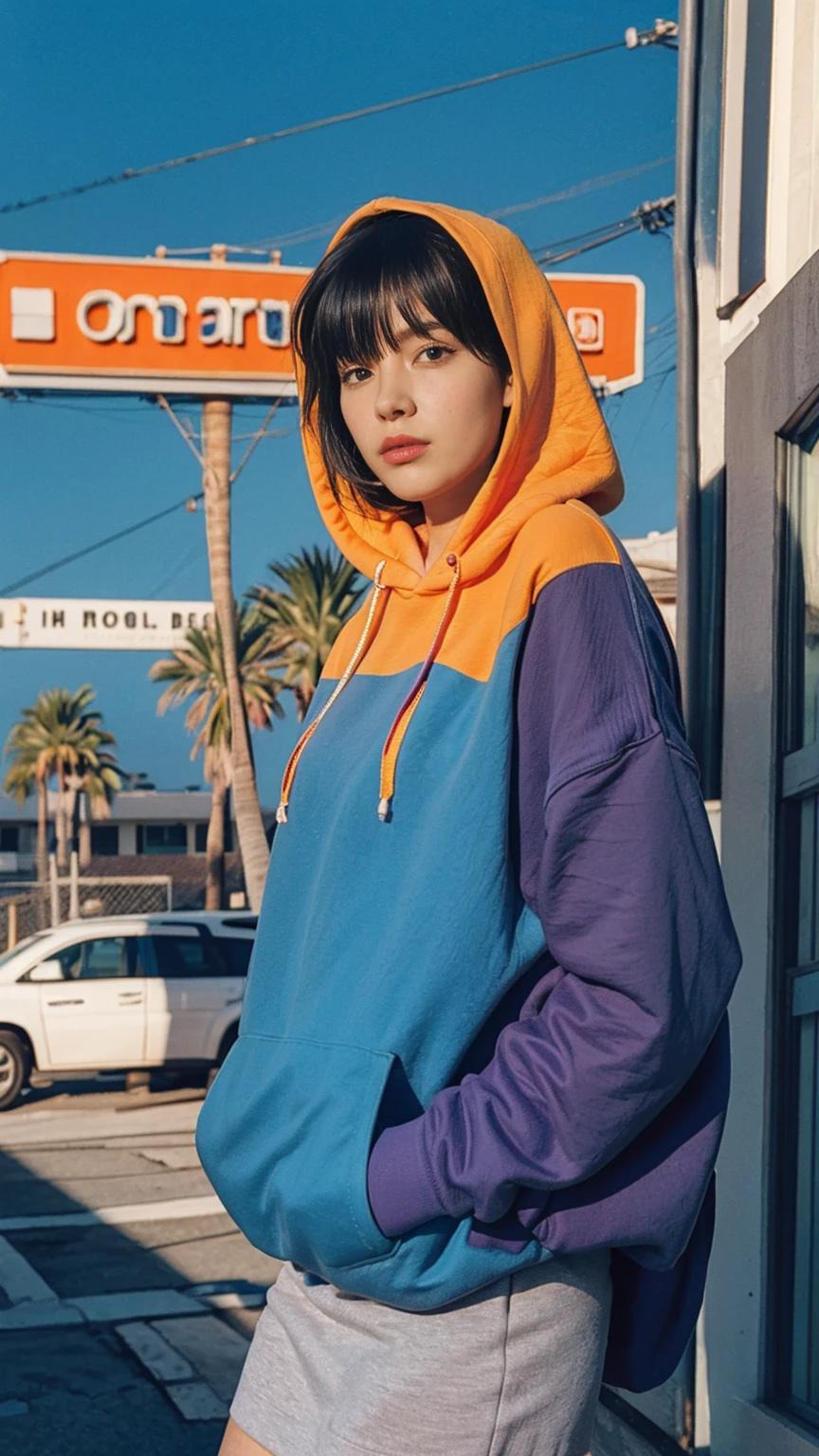 Fujifilm XT3,1 girl ,her pose exudes a sense of and joy,close up photo, wear (((color orange oversized_hoodie))), wear ((purple tennis skirt)),hands in hoodie pocket,looking front,Best Quality,Masterpiece,Ultra High Resolution,(Realisticity:1.4),Original Photo,light leak,ultra high resolution,UHD,beautiful, (bokeh:1) black bob hair, almond eye, no makeup, in front of (80's mondrian architecture motel), (realistic:1.2), (surreal:1.3), (very detailed:1.1), ((masterpiece)),summer, blue sky, palm trees,sunny, los angles vibes