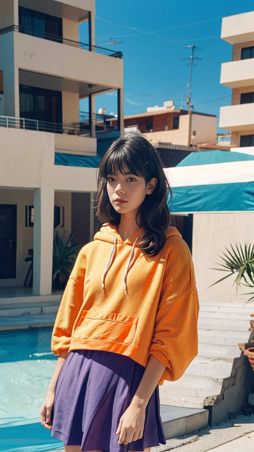 Fujifilm XT3,1 girl ,her pose exudes a sense of and joy,close up photo, wear (((color orange oversized_hoodie))), wear ((purple tennis skirt)),hands in hoodie pocket,looking front,Best Quality,Masterpiece,Ultra High Resolution,(Realisticity:1.4),Original Photo,light leak,ultra high resolution,UHD,beautiful, (bokeh:1) black bob hair, almond eye, no makeup, in front of (80's mondrian architecture motel), (realistic:1.2), (surreal:1.3), (very detailed:1.1), ((masterpiece)),summer, blue sky, palm trees,sunny, los angles vibes