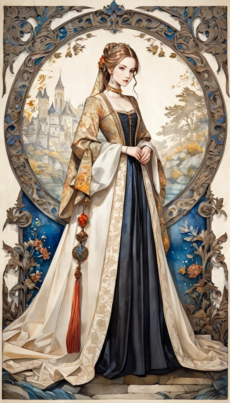 best quality, super fine, 16k, 2.5D, delicate and dynamic depiction, beautiful aristocratic lady, half-up hair, attractive and seductive expression, glamorous slender body, Northern Renaissance, gorgeous long dress and accessories of medieval European aristocrats, beautiful posture, detailed decorated background, elegant effects, fusion of watercolors and oil paintings, fusion of paper cutting and shadow puppetry, mix of monochrome and color, shading, gradation, texture of old paper