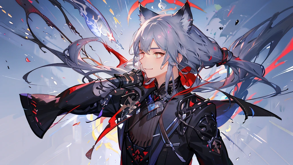 "1 person,1 boy, delicate eyes, boy with gray hair and cat ear, red eye, wearing black shirt, genshin style, guweiz style artwork, smiling,standing , cat with him , ethereal fantasy, victorian era, blue magic elements, splash art, side view, solo (full HD 4K+ image)"