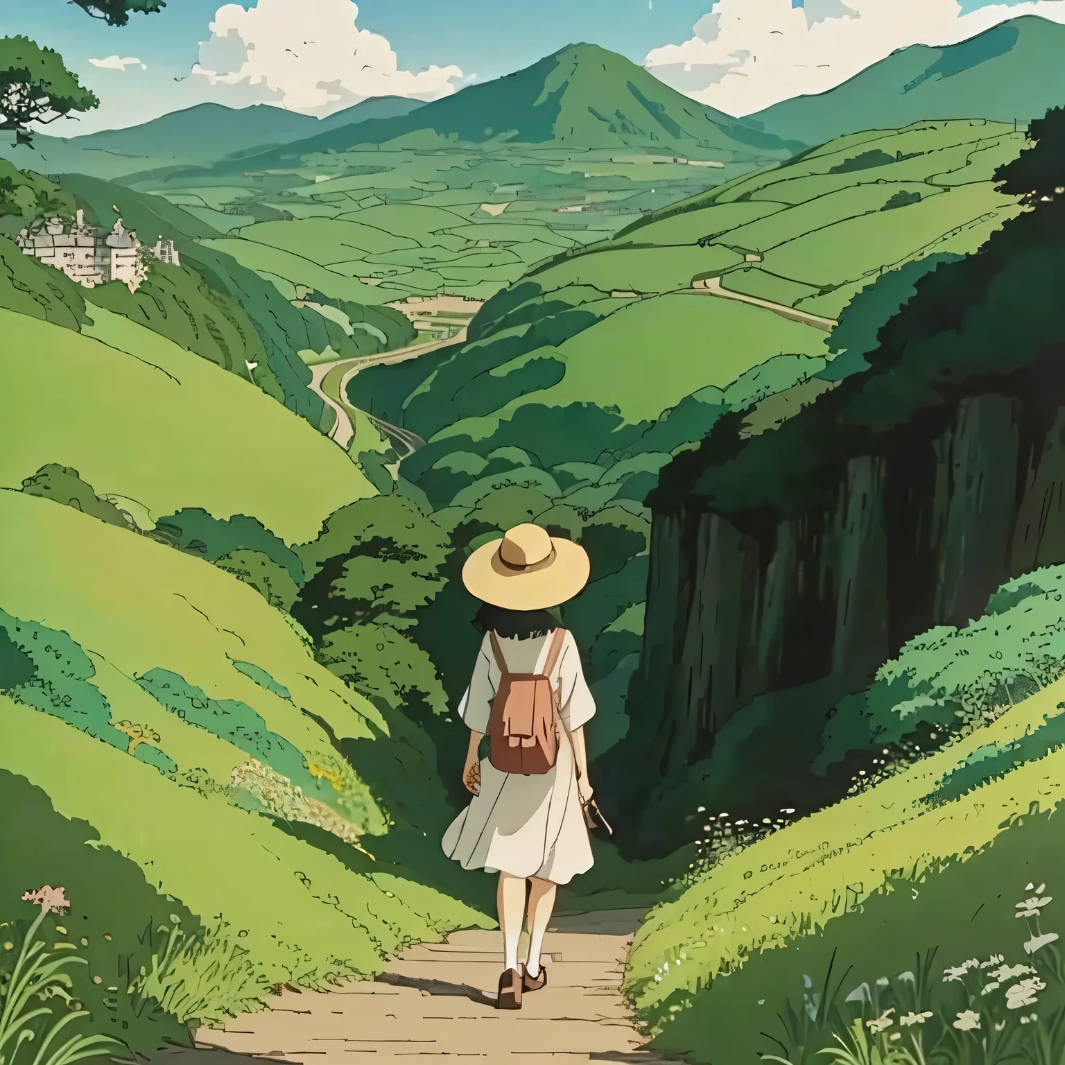 a close up of a person walking on a path near a mountain, incredible miyazaki, miyazaki's animated film, by Miyazaki, style of hayao miyazaki, by Hayao Miyazaki, miyazaki film, ghibli art style, style in ghibli anime, studio ghibli art style, ghibli artstyle, miyazaki style, realistis view 