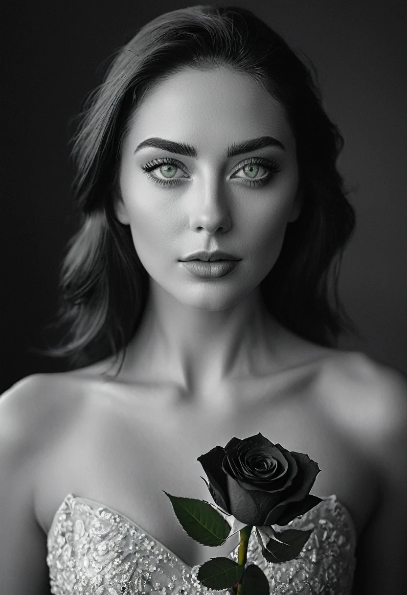 black and white, a woman with  green eyes, flawless skin, half body shot, holding a rose, whimsical photography style, captured with an Arriflex 35BL camera using Canon K25 prime lenses, cinematic, dramatic lighting, ultra clear, breathtaking surreal masterpiece.