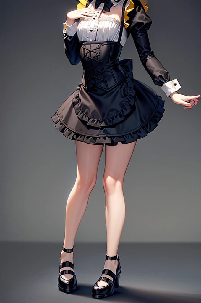 ((Maid)),Frills,corset,(mini skirt),Cute little ,Tiny ,Small girl,,Childish face, Very fine clean face,Top quality,Straight Hair,Yellow hair,(Dark Room), Subtle light, Natural light,Soft lighting,Light from directly behind,(Open your hands), (Are standing),Front view,Black background
