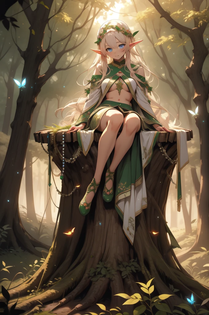 ((masterpiece)), (top quality), (best quality), ((ultra-detailed, 8k quality)), Cinematic lighting, Volumetric lighting, (detailed line art), absurdres, (best composition), (high-resolution), Aesthetics,
BREAK,
Elf girl ((Lying on a tree trunk:1.3)),dressed in white robes, Velvet, Mecha, lace, brocade, pearls, intricate elven attire,  (adult:1.2), Fantasy,  (glowing flowers:1.2), (firefly glow:1.25), (bioluminescent trees), (mystical forest), (focused depth of field:1.2), (enchanting forest:1.15), [cinematic dramatic atmosphere],[atmospheric perspective], Niji style,
BREAK,
highly detailed of ((elf:1.4)), (1girl), solo, perfect face, details eye, hair Bun, (hime cut, bangs:1.2), (white shining hair:1.2), blue eyes, shining eyes, (beautiful detailed eyelashes, eyeshadow, pink eyeshadow),  smiling, Concept art by Mikimoto Haruhiko, by Kawacy, By Yoshitaka Amano,
BREAK, 
((perfect anatomy)), perfect body, Abs, (medium breast), perfect hands, perfect face, beautiful face, beautiful eyes, perfect eyes, (perfect fingers, deatailed fingers), correct anatomy, perfect legs, 