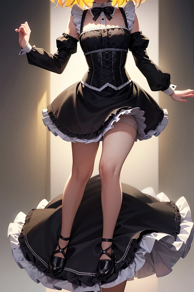((Maid)),Frills,corset,(mini skirt),Cute little ,Tiny ,Small girl,,Childish face, Very fine clean face,Top quality,Straight Hair,Yellow hair,(Dark Room), Subtle light, Natural light,Soft lighting,Light from directly behind,(Open your hands), (Are standing),Front view,Black background