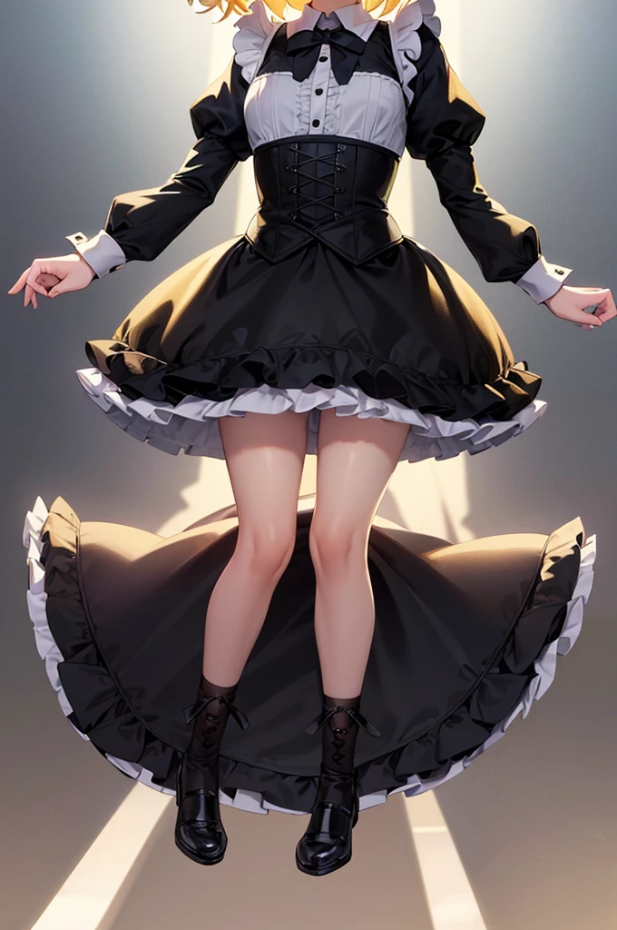 ((Maid)),Frills,corset,(mini skirt),Cute little ,Tiny ,Small girl,,Childish face, Very fine clean face,Top quality,Straight Hair,Yellow hair,(Dark Room), Subtle light, Natural light,Soft lighting,Light from directly behind,(Open your hands), (Are standing),Front view,Black background