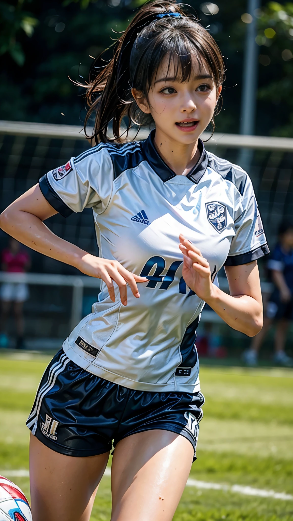 Highest quality, High resolution:1.2, Super detailed, Realistic:1.3, ((Beautiful woman))、((Ultra tight uniform))、Big Breasts、Vibrant colors, play soccer,((blunt bangs))、Has bangs、Wet Hair, Concentration, Splash, Action Shots, Grass blotches, Muddy ground, Wet turf, Decide, Fast-paced games, Athletic physique, Shiny soccer ball, Wet uniform, raindrop, Blurred motion, Focus on the ball, Intense competition, Skillful dribbling, Energetic play, Teamwork, powerful shoots, Wet pitch, Passionate sports, Fierce Decide, Humid atmosphere, Fluid movement, emotional expression、Dramatic lighting, Women's Sports, Avid athletes, Exciting Games, endure, Excited state, Speed and agility, Energetic play, 濡れたSplash、smile、