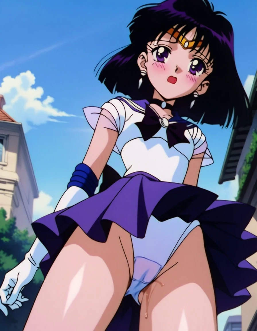 masterpiece, best quality, very aesthetic, absurdres, Sailor Saturn XL, 1990s \(style\), perfect face, perfect composition, moist skin, intricate details, beautiful detailed eyes, 1girl, solo, short hair, black hair, purple eyes, flat chest, skinny, sailor senshi uniform, jewelry, choker, bowtie, back bow, purple sailor collar, tiara, earrings, white elbow gloves, purple miniskirt, looking away, embarrassed, blush, open mouth, cameltoe, pussy juice, white leotard, (pantyshot:1.2), wind lift, outdoors, street, blue sky, wind, sunlight, from below, from behind,