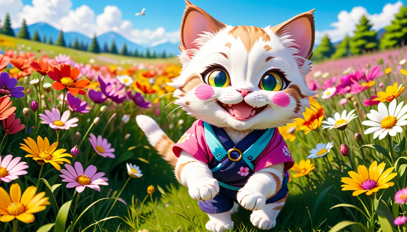 Chibi cat, anthropomorphic, playing in a meadow, smiling, colorful, flower field, bright, Japanese Casual clothing, realism, 8K, realistic photo