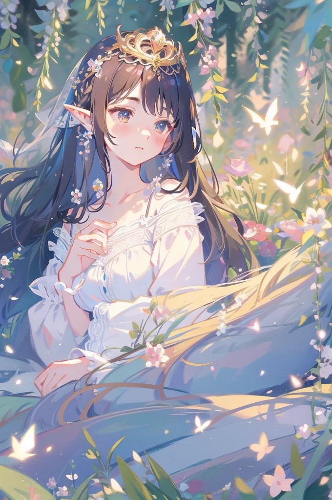 high high quality,masterpiece,Delicate facial features,Delicate hair,Delicate eyes,Delicate hair,animemanga girl,deer antlers,Black color hair,florals, Dreamy style, Fantastic flower garden,fantasy style clothing,Romantic dress, beautiful and elegant elf queen, a beautiful fantasy empress, Fantasy art style, ((a beautiful fantasy empress)), Anime fantasy illustration, high priestess, fey queen of the summer forest, anime art nouveau, goddess of the forest, portrait of an elf queen, A beautiful artwork illustration,8K high quality detailed art(Delicate facial portrayal)(Fine hair depiction)(highest quality)(Master masterpieces)(High degree of completion)(a sense of atmosphere)8k wallpaper,tmasterpiece,Best quality at best,ultra - detailed