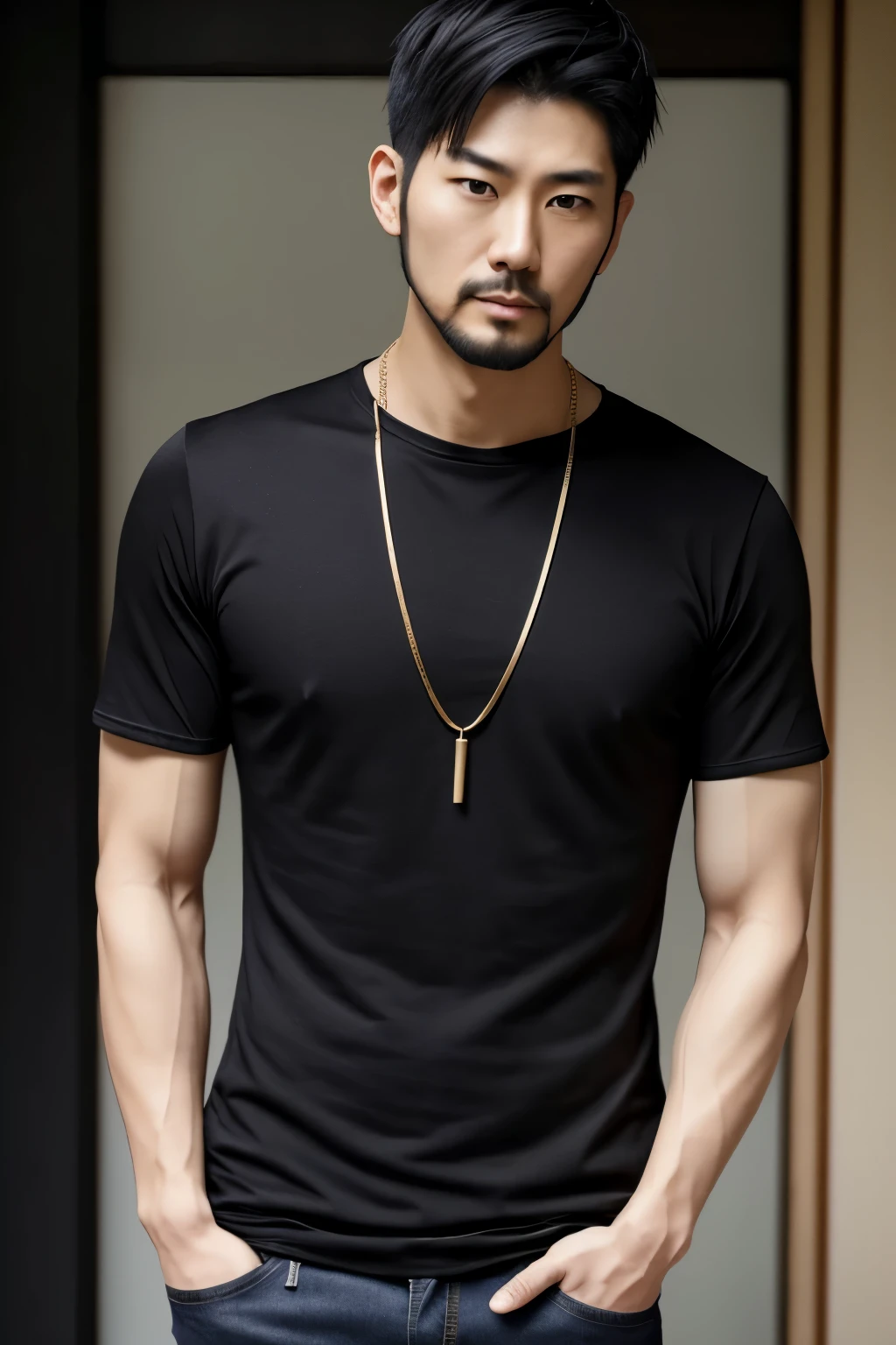 Japanese men in their early 30s、Slender、Black long T-shirt、Thin denim、Gold Necklace、Beard、Intimidating、Like a Yakuza、Berry Short、Short Hair、Handsome、Yankee