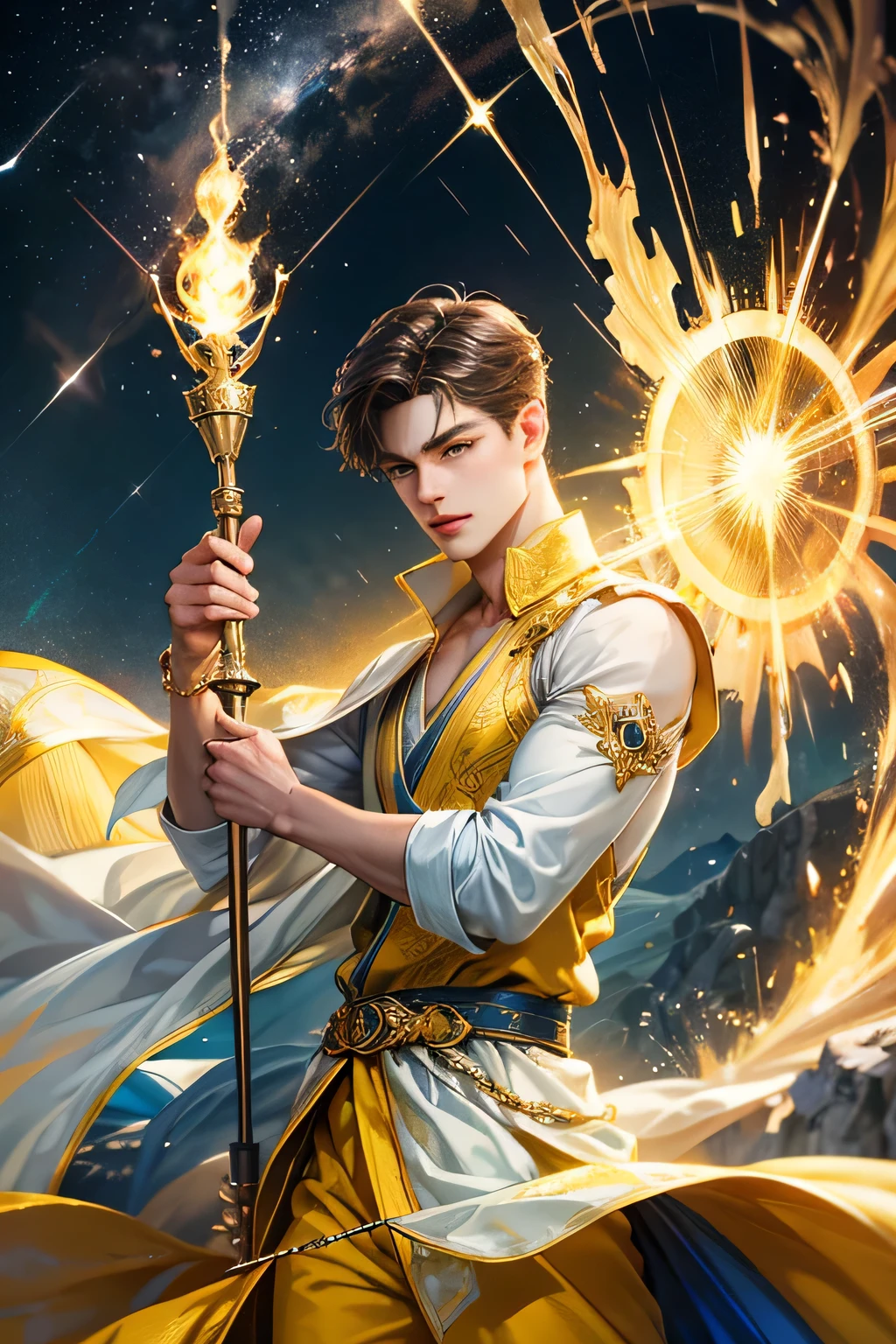 "Create an ultra-realistic image of a handsome, young male fairy, around 13 years old. He should be holding a magical staff that emanates the energy of the sky and crackling thunder. Dress him in an elegant, varied yellow outfit that reflects the brilliance and dynamism of the sky. Surround him with elements like swirling clouds and flashes of lightning to showcase his connection to these elements. Include a distinct sky or thunder symbol or design on his body, signifying his role as the keeper of the deep sky and thunder, and highlighting the powerful celestial energy he embodies within him."