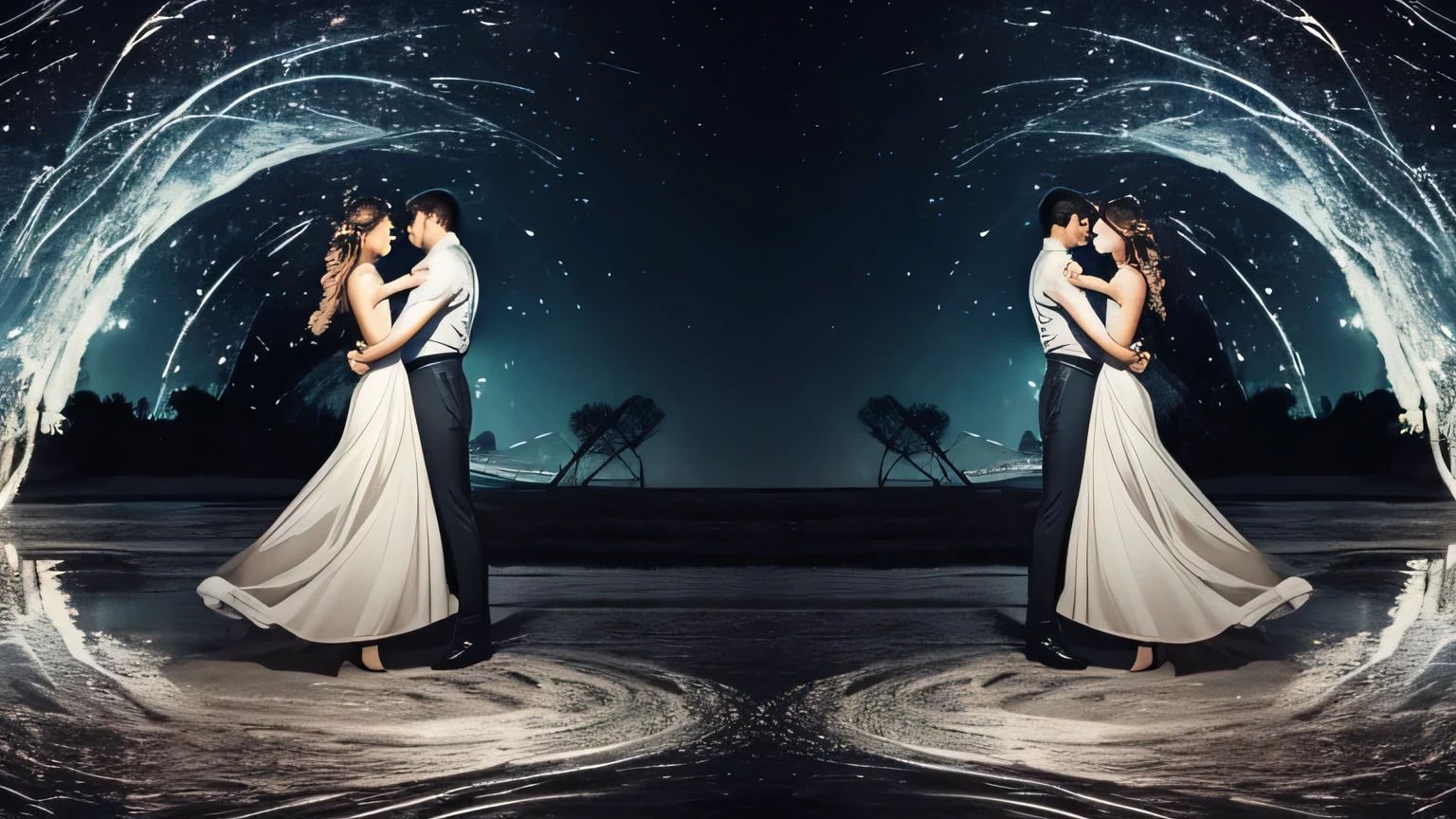 Two figures face each other as if in a mirror. One is dressed in modern attire, the other in clothing from the past. A swirling vortex of energy between them represents their souls merging. The background showcases items or landscapes indicative of their past lives and relationship. Their expressions reveal surprise, relief, love, and understanding.