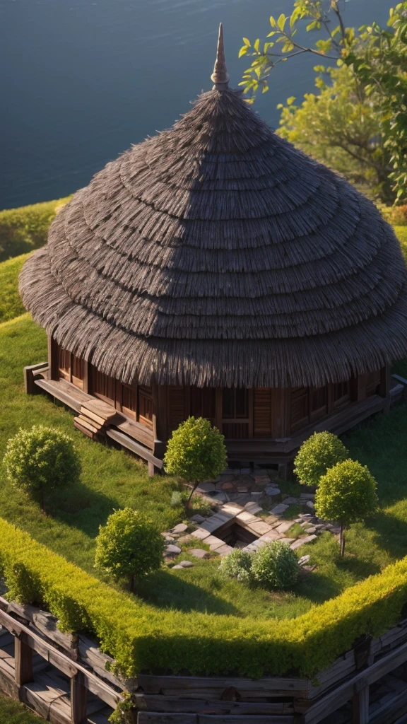 3D isometric, masterpiece, extremely detailed 8k cg unity wallpaper, best quality, best illustration, best shading, sharp, balinese temple, round mossy thatched hut, octane rendering, ray tracing, ultra detailed