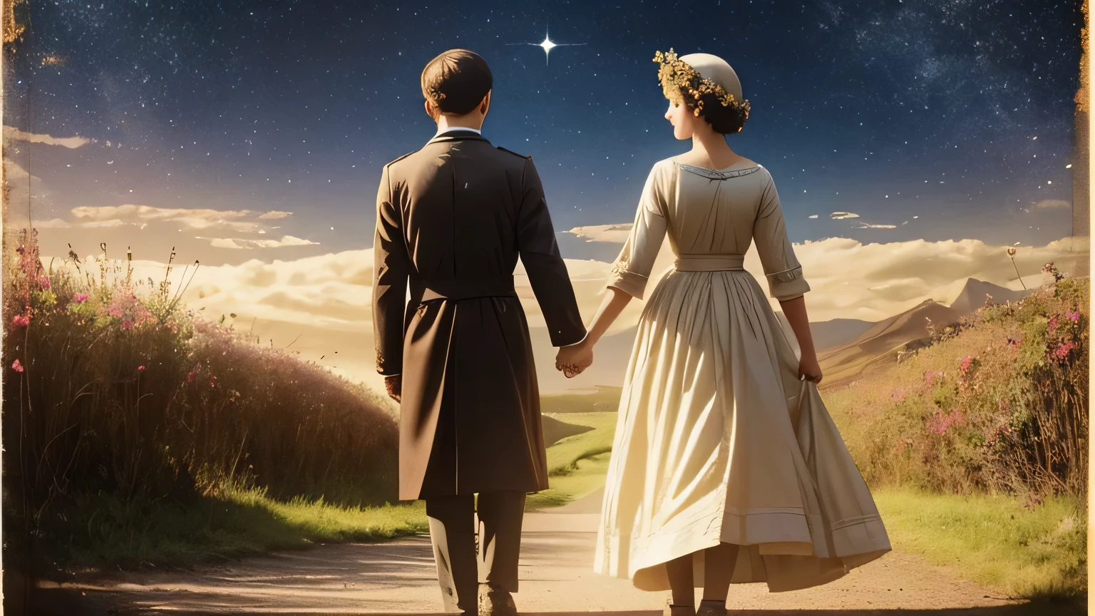 Two figures, hand in hand, walk along a path bathed in light. Faded images of their past selves in various eras and locations appear behind them. Their faces radiate hope, trust, and love. The background depicts a beautiful landscape or celestial bodies, symbolizing their hopeful future.